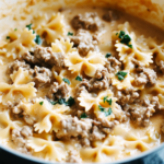 Cheesy Beef And Bowtie Pasta In Garlic Butter