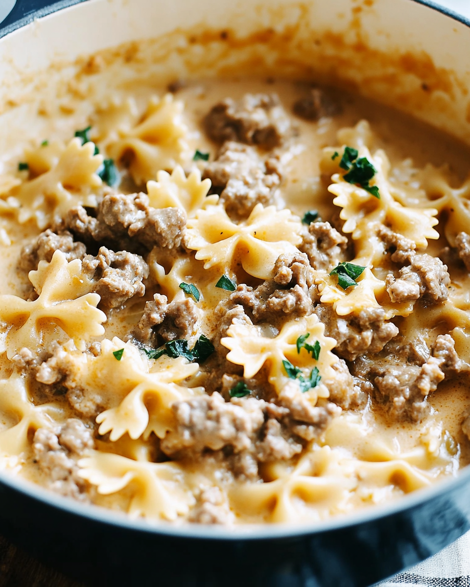 Cheesy Beef And Bowtie Pasta In Garlic Butter
