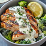 Grilled Chicken & Broccoli Bowls with Creamy Garlic Sauce