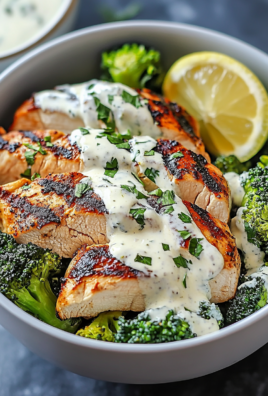 Grilled Chicken & Broccoli Bowls with Creamy Garlic Sauce