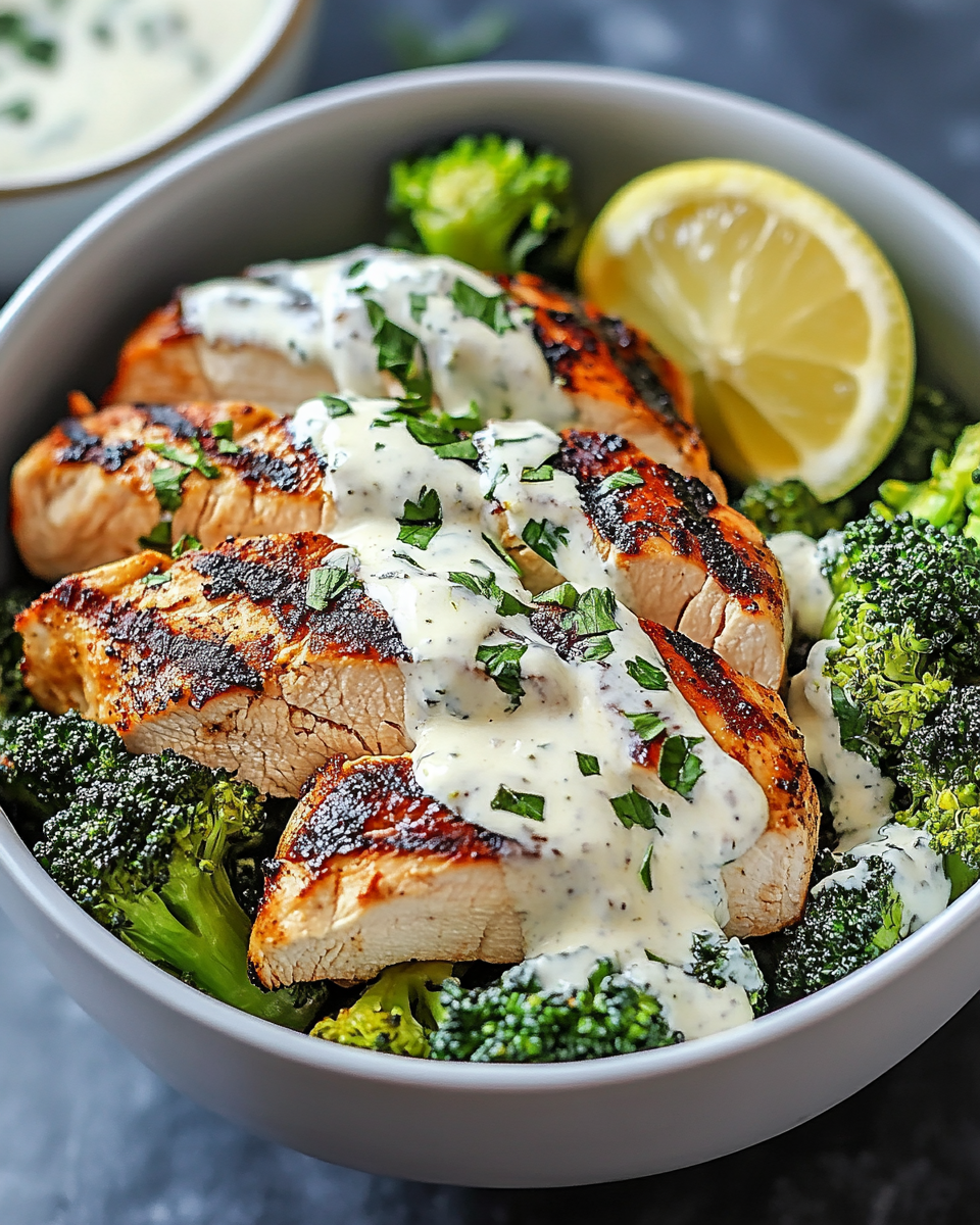 Grilled Chicken & Broccoli Bowls with Creamy Garlic Sauce