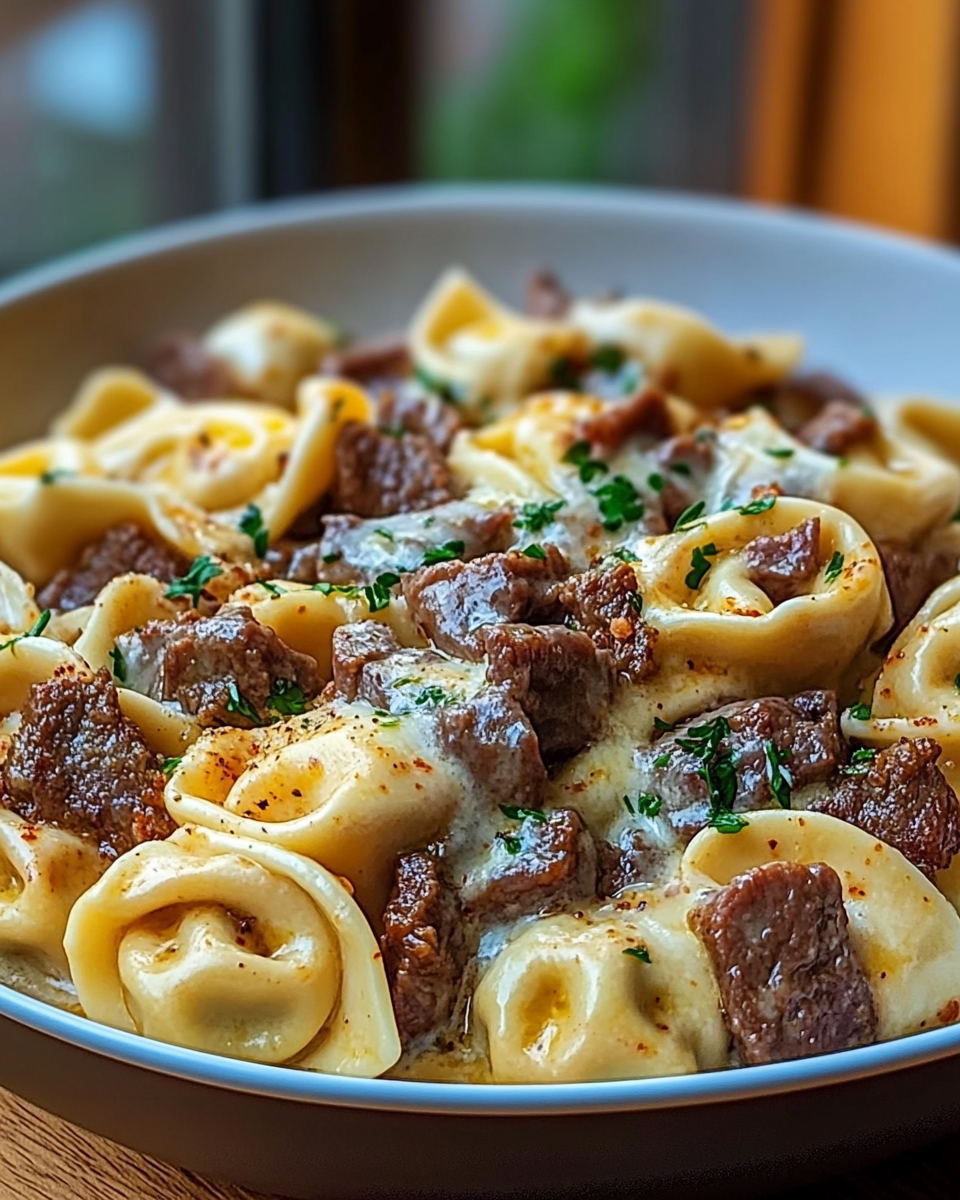 Cheesesteak Tortellini in Rich Provolone Sauce