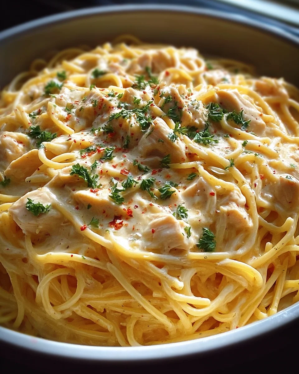 Slow Cooker Amish Cheesy Chicken Spaghetti