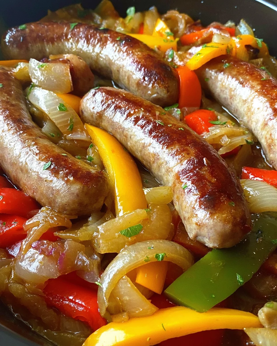 Slow Cooker Beer Bratwurst With Onions & Peppers
