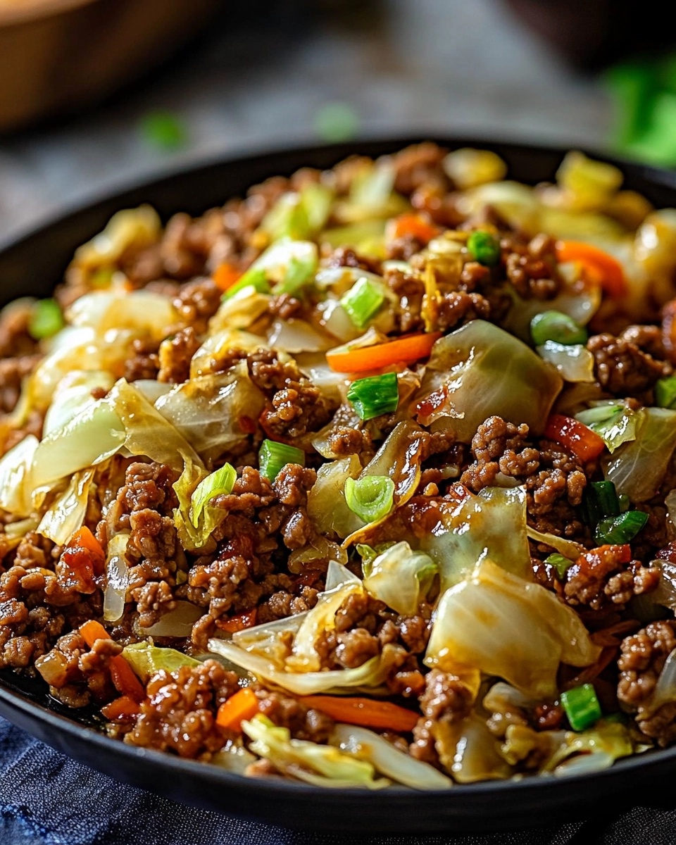Close-up of Chinese ground beef stir fry with cabbage, carrots, and green onions in a black bowl