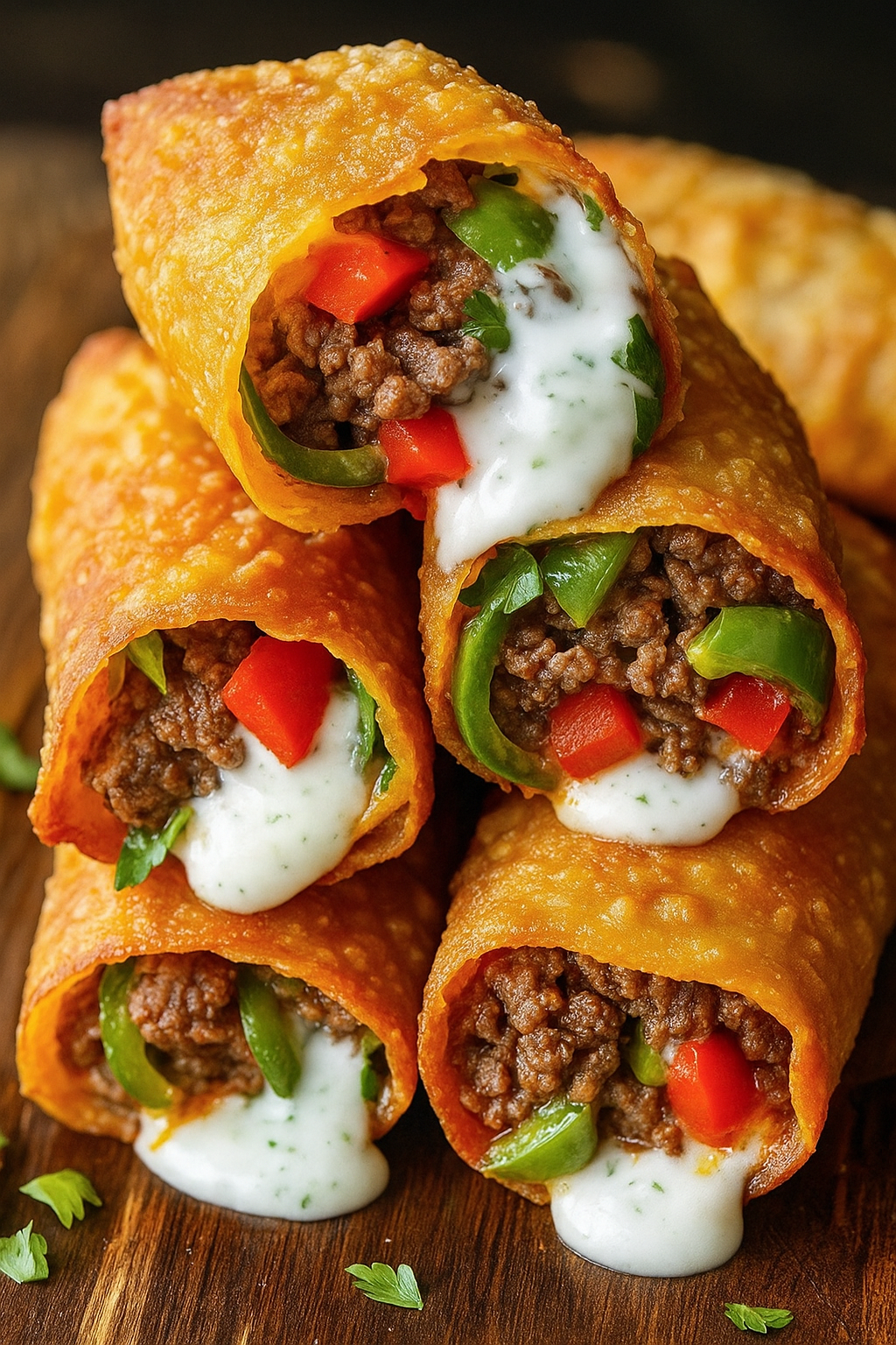 Golden crispy nacho egg rolls filled with seasoned beef, peppers, and cheese, topped with creamy ranch sauce