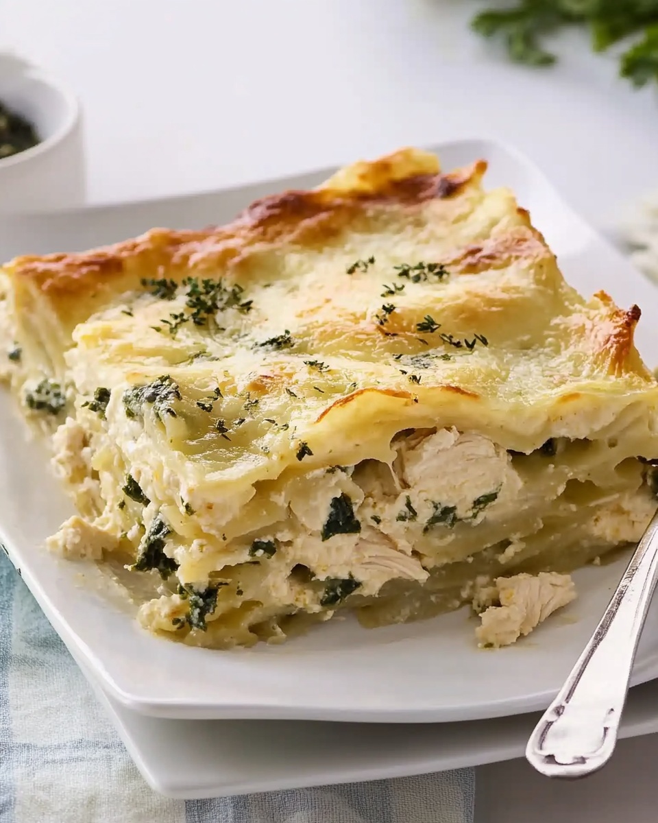 Close-up of a creamy white chicken spinach lasagna slice on a white plate with golden cheesy top