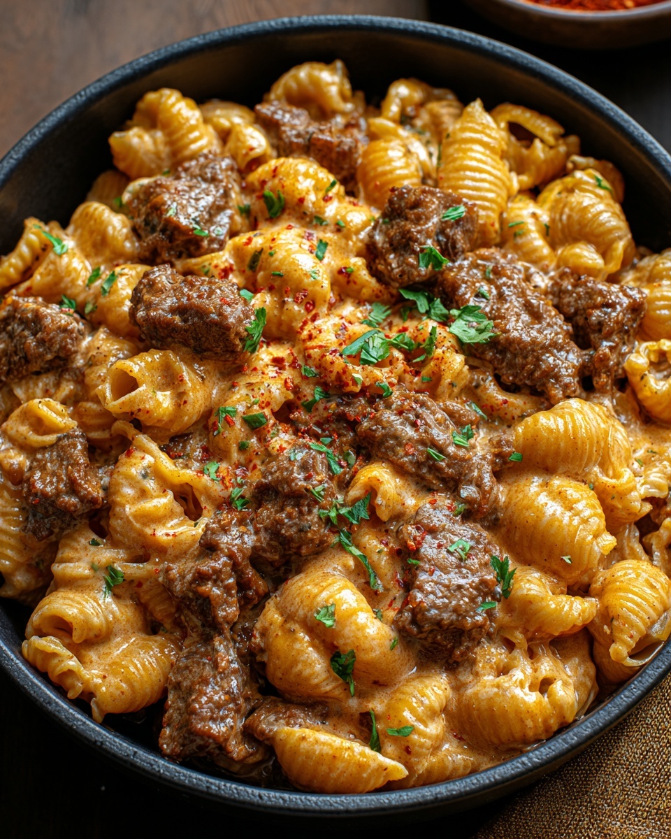 Close-up of creamy pasta shells with tender steak pieces and a paprika cheese sauce, garnished with parsley