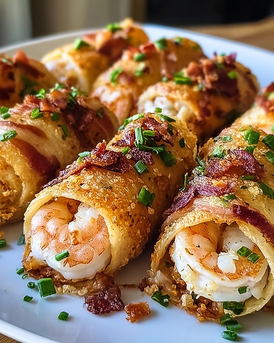 Close-up of crispy shrimp egg roll bombs wrapped in bacon, garnished with chopped chives on a white plate