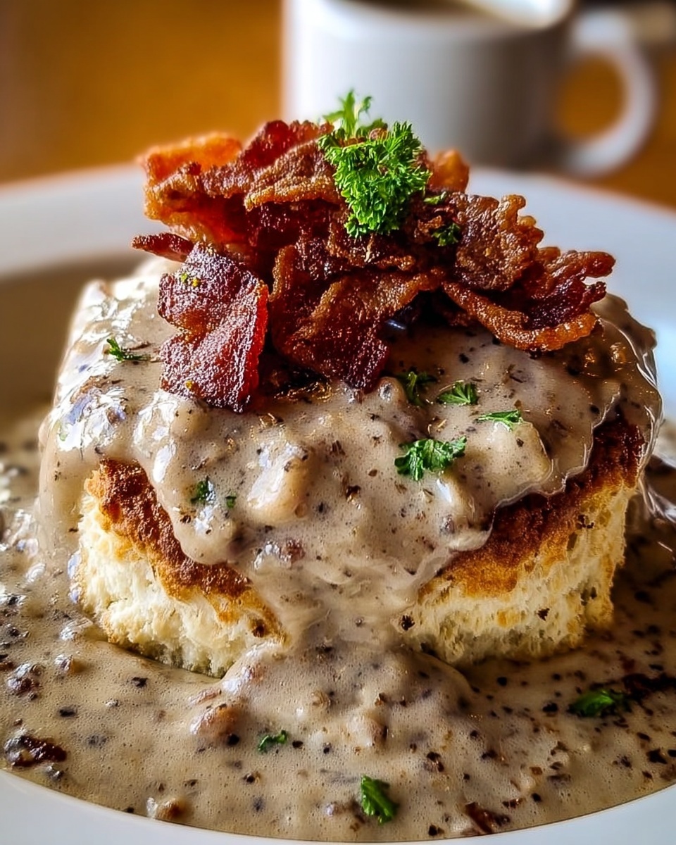 Fluffy biscuit topped with creamy sausage gravy and crispy bacon pieces, garnished with fresh parsley