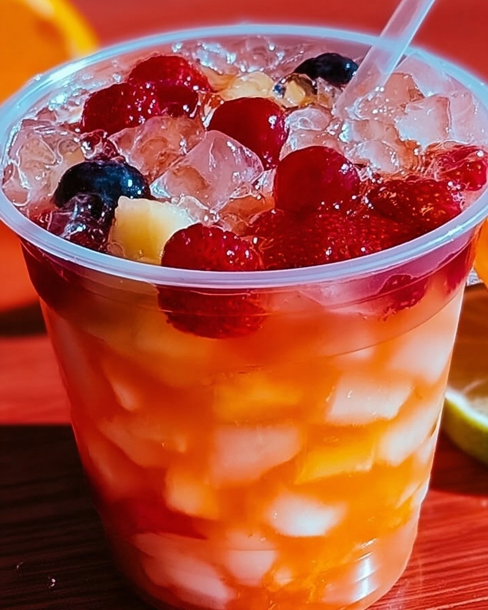 Vibrant fruit punch in a clear plastic cup with chopped fruit, ice cubes, and mixed berries