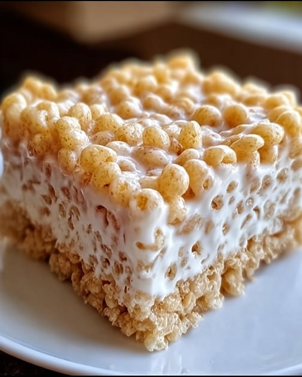 Close-up of a marshmallow cereal bar with crispy layers and gooey melted marshmallow