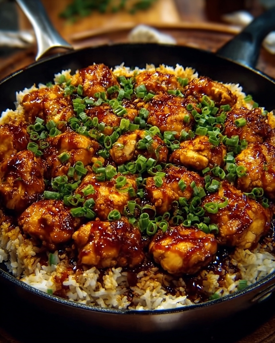 Sticky garlic chicken served over rice in a skillet and topped with fresh chopped green onions