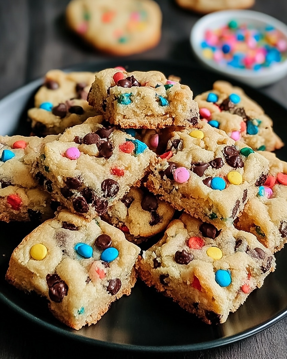 Chewy cookie bars filled with colorful M&M candies and chocolate chips stacked on a black plate