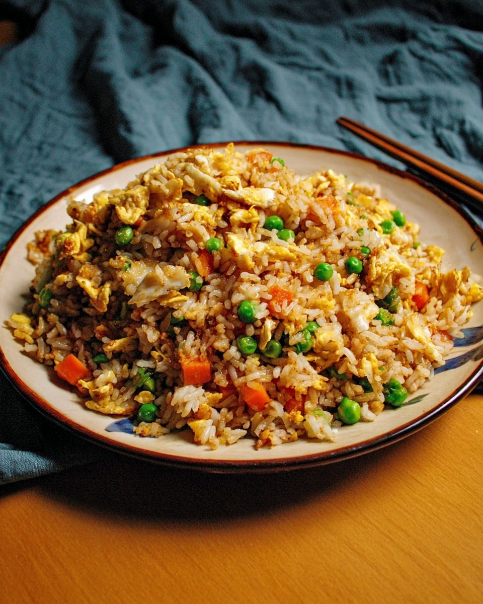 A plate of egg fried rice with peas, carrots, and scrambled eggs