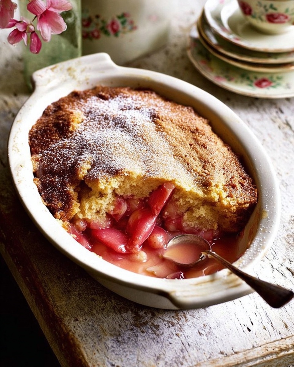 Warm rhubarb pudding cake in a baking dish with golden top and juicy pink rhubarb filling