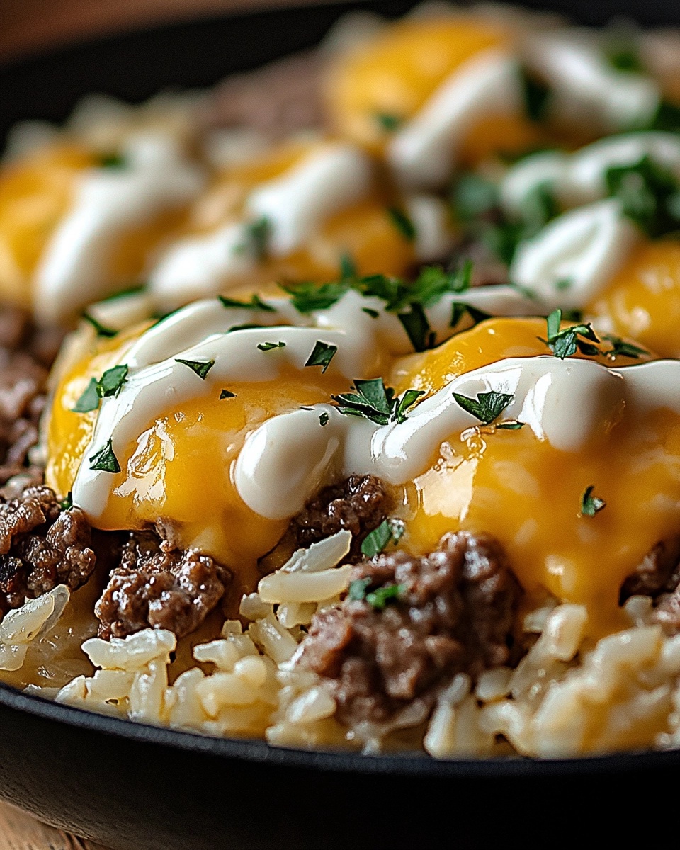 Close-up of beef and rice skillet topped with melted cheddar cheese, sour cream, and parsley in a black pan