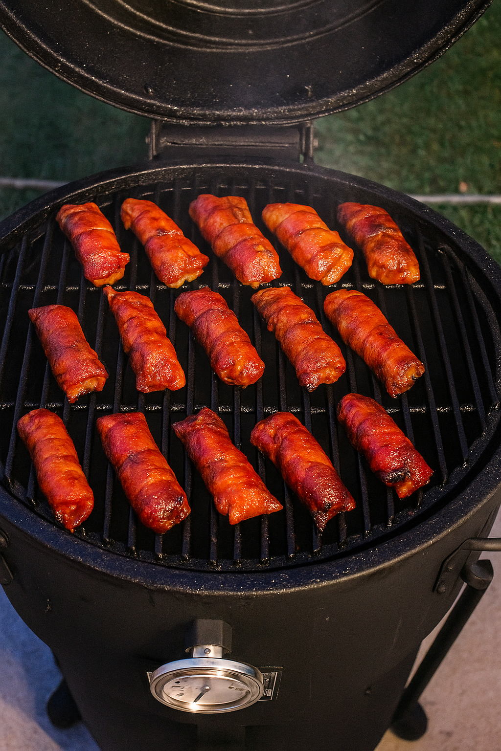 Golden bacon-wrapped bites sizzling on a charcoal grill with smoky heat rising in the background