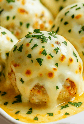 Close-up of baked meatballs topped with melted mozzarella cheese and fresh parsley in a creamy sauce