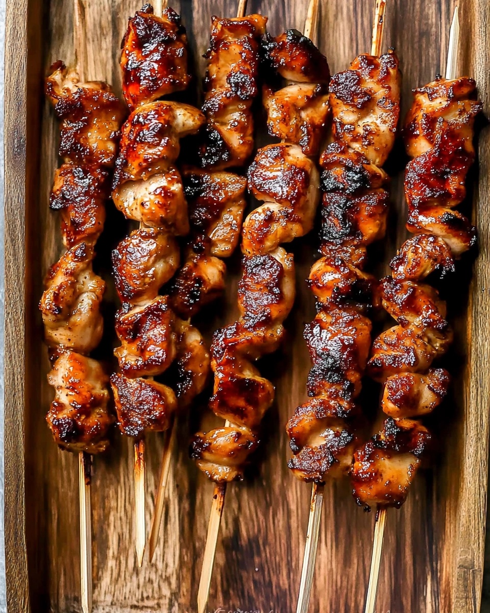 Top view of juicy grilled Thai coconut chicken skewers on a wooden serving tray