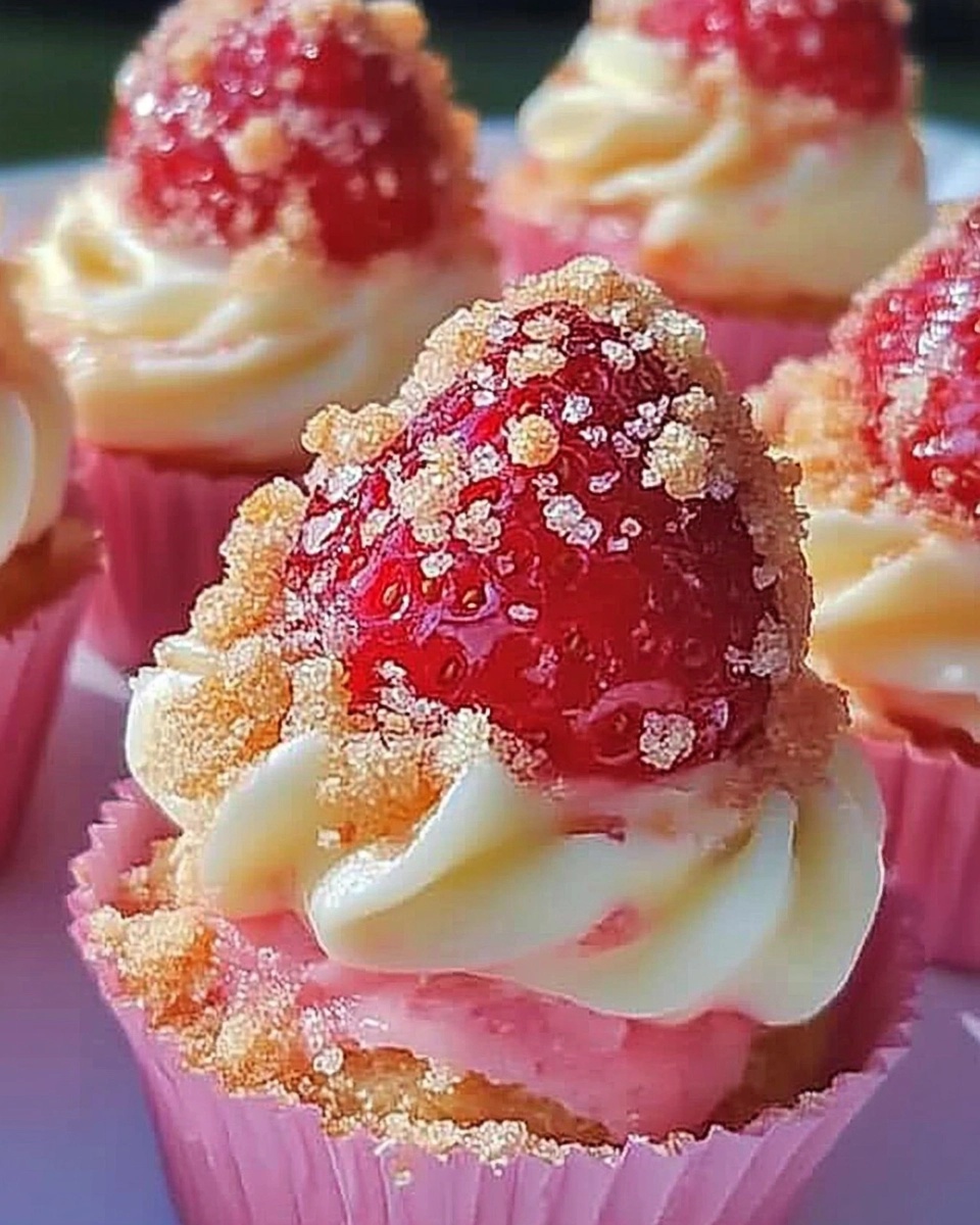 Close-up of strawberry shortcake cupcakes topped with cream cheese frosting, fresh strawberries, and crumbled topping