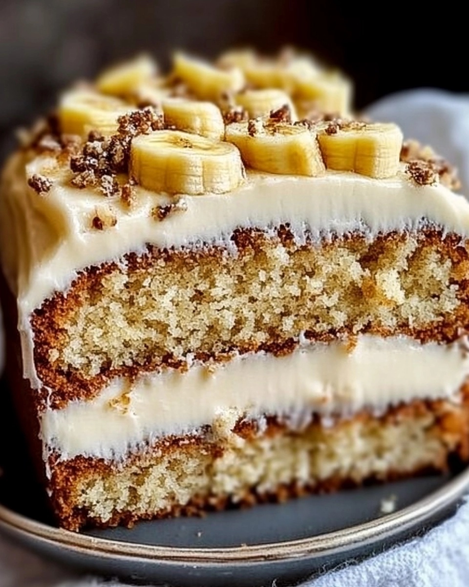 Close-up of banana bread cake layered with cream cheese frosting and topped with sliced bananas and crunchy crumble