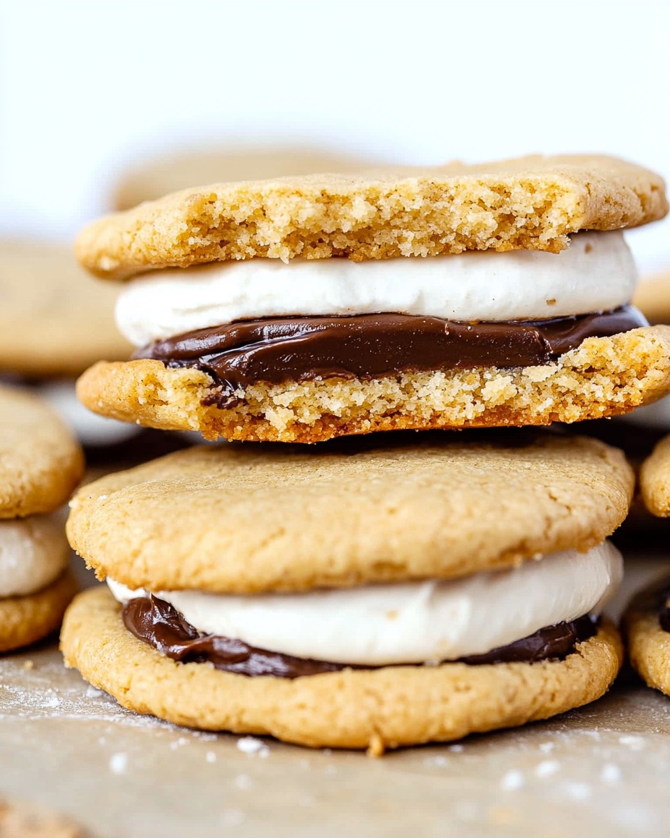 Close-up of peanut butter sandwich cookies filled with marshmallow and chocolate layers