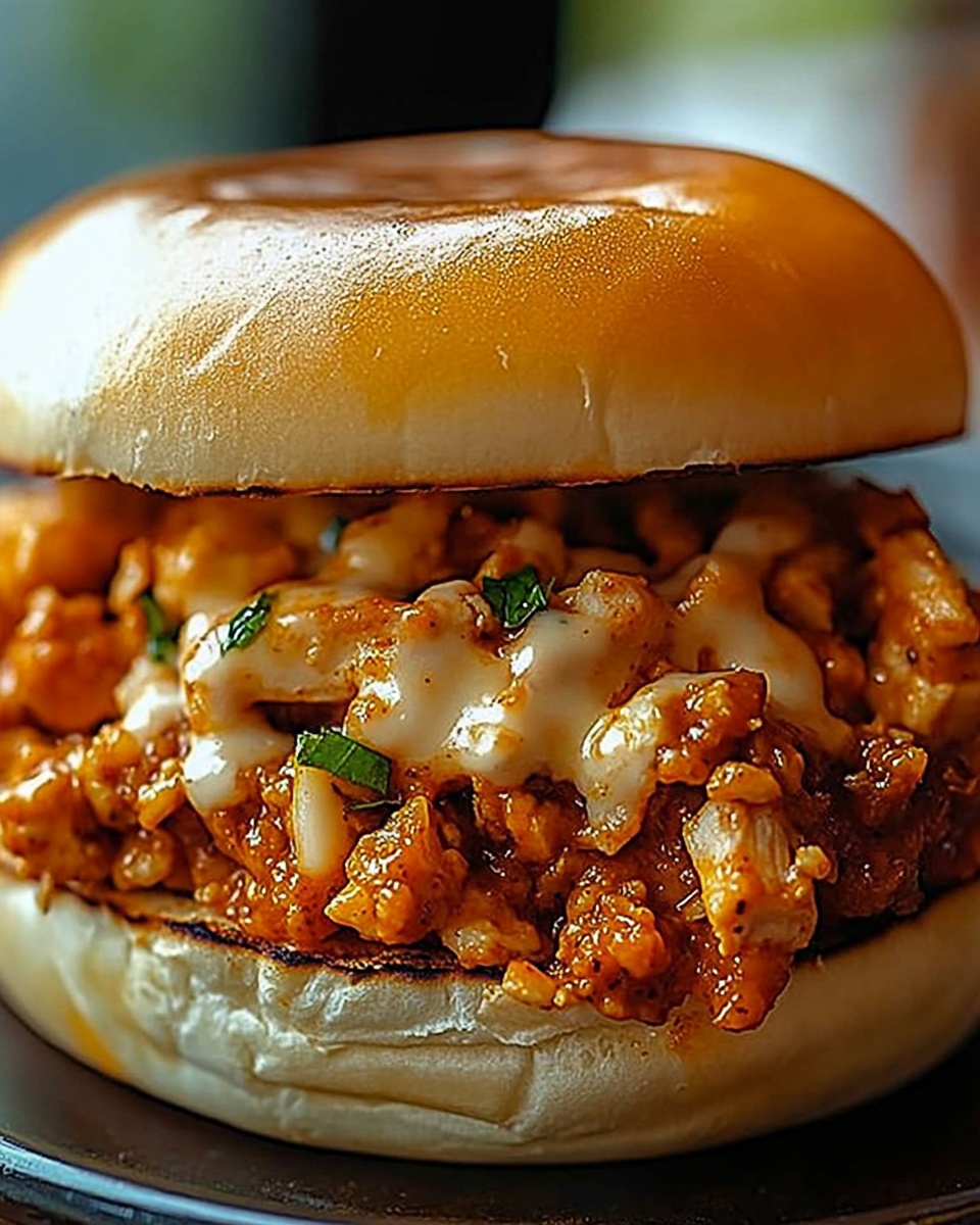 Close-up of Cajun chicken sloppy joe sandwich with spicy sauced chicken and melted cheese on a toasted bun