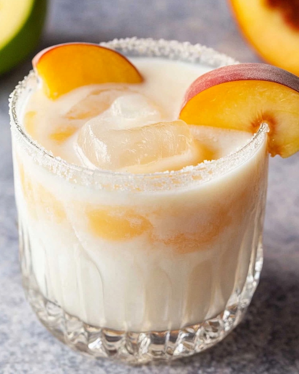 Chilled creamy peach cocktail with ice cubes and fresh peach slices in a sugar-rimmed glass