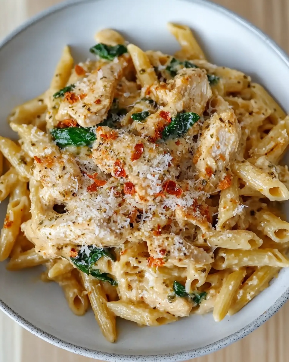 Close-up of creamy chicken penne pasta topped with parmesan, herbs, and red pepper flakes