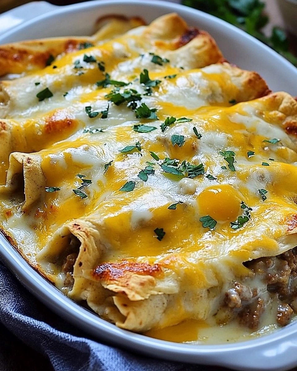 Close-up of cheesy baked beef enchiladas topped with melted cheddar and parsley in a white casserole dish