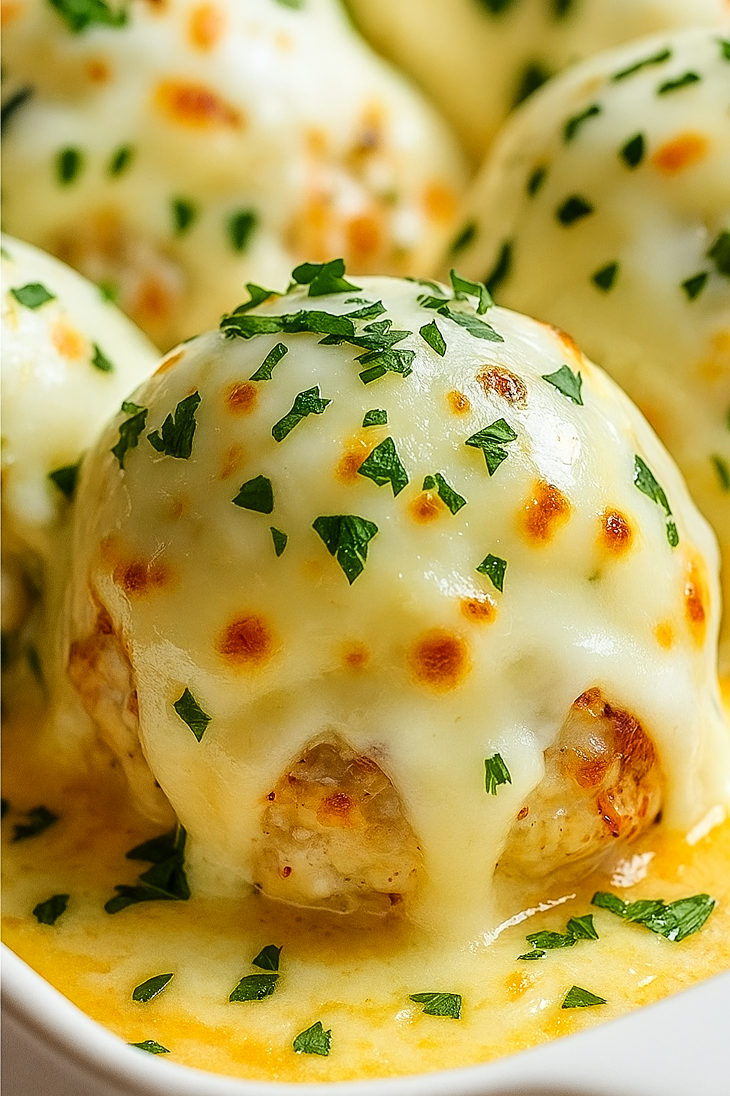 Close-up of baked meatballs topped with melted mozzarella cheese and fresh parsley in a creamy sauce
