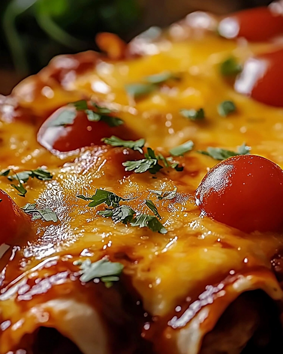 Close-up of cheesy enchiladas topped with melted cheddar, cherry tomatoes, and fresh cilantro