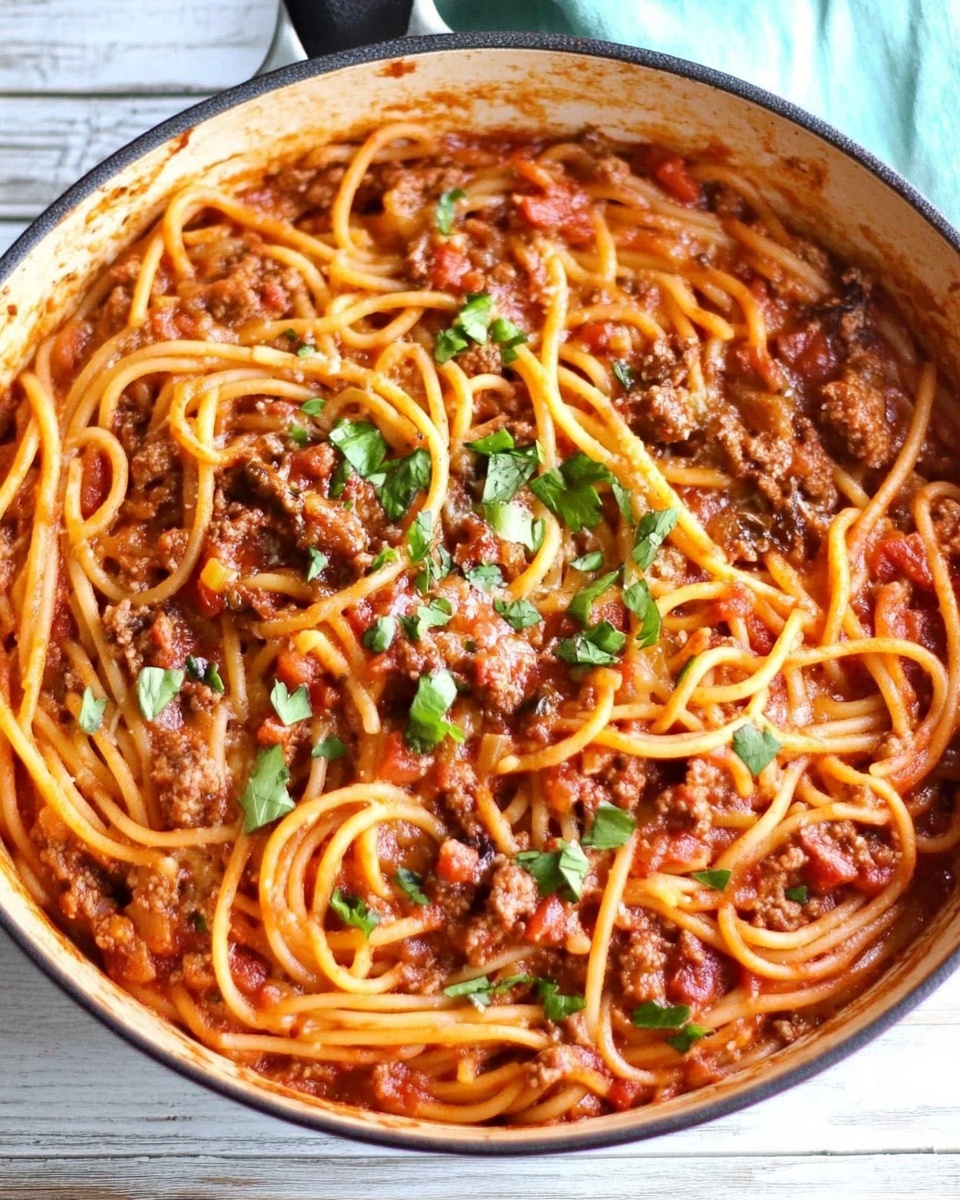 Top view of cowboy spaghetti with beef, tomato sauce, and parsley in a skillet