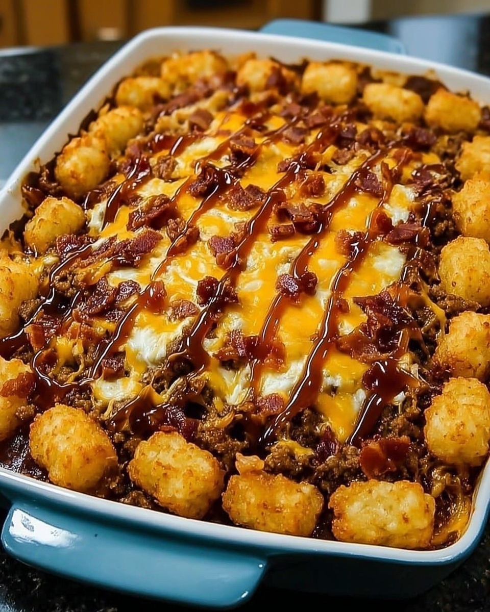 Bacon and cheese loaded tater tot casserole drizzled with barbecue sauce