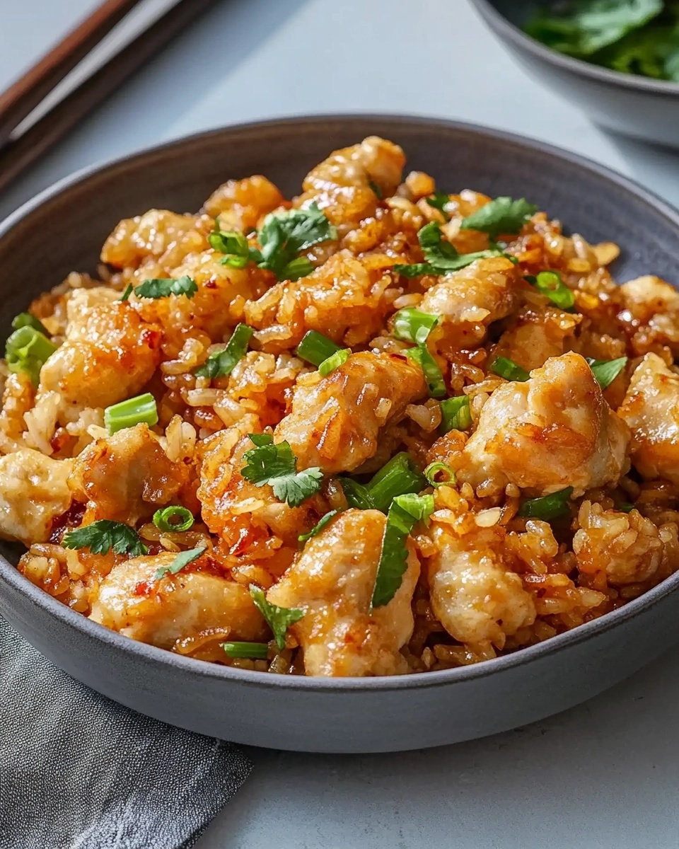 Close-up of Bang Bang chicken fried rice in a dark bowl garnished with green onions and cilantro