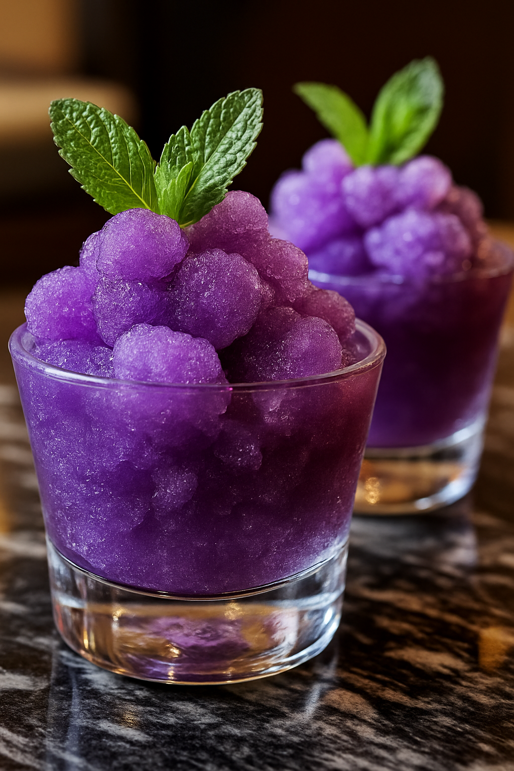 Close-up of vibrant purple grape granita in a clear glass, topped with a fresh mint sprig