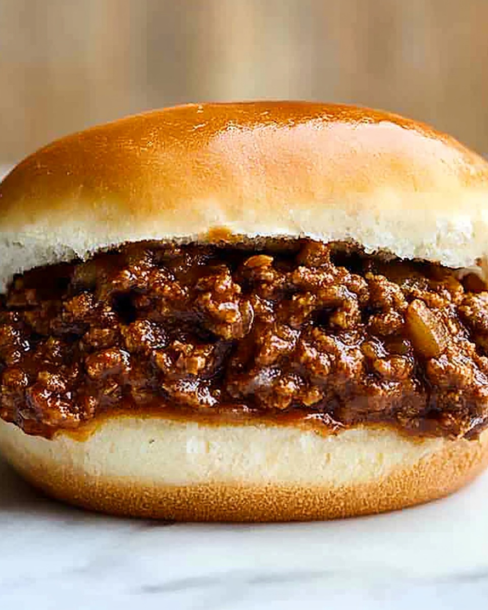 Close-up of a French onion Sloppy Joe sandwich with seasoned ground beef on a soft toasted bun