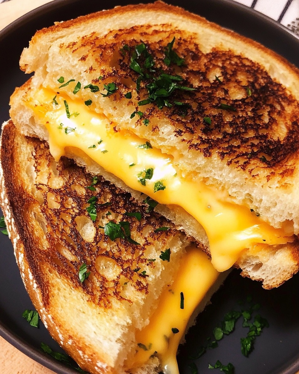 Golden grilled cheese sandwich made with garlic bread and melted cheddar, garnished with herbs