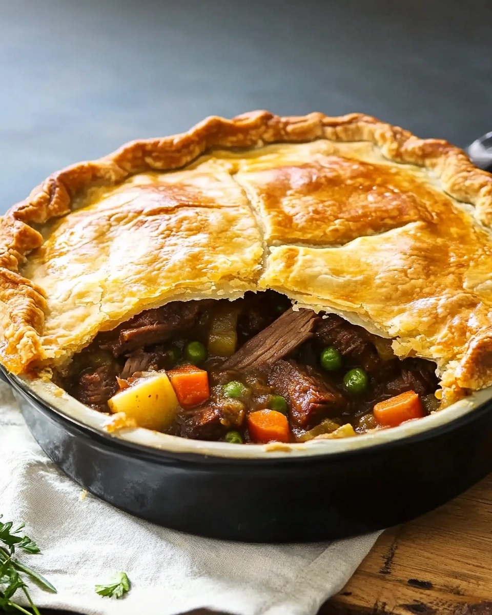 Golden beef pot pie with a flaky top crust cut open to reveal beef, carrots, peas, and potatoes