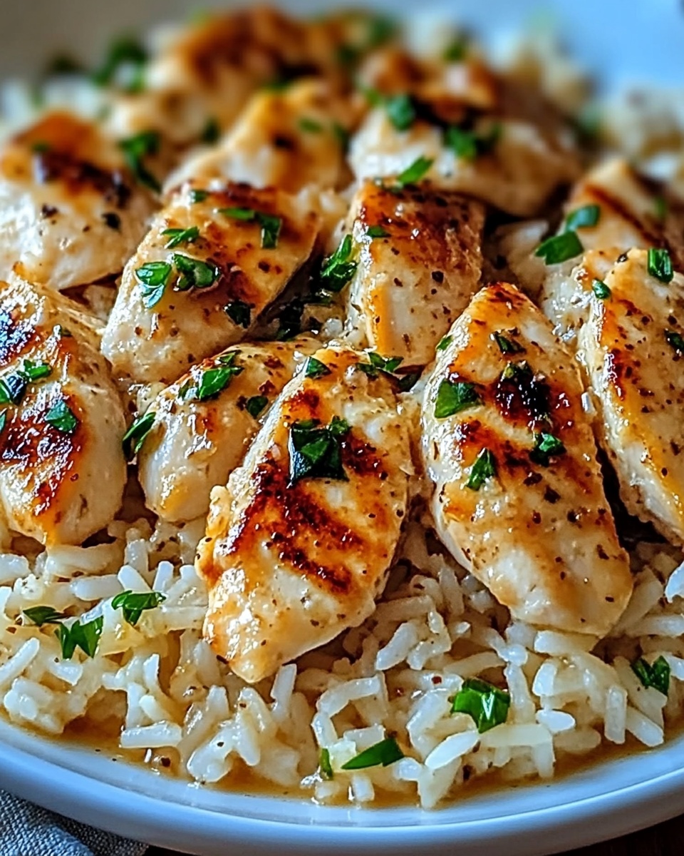 Juicy chicken tenders served over garlic Parmesan rice and garnished with fresh herbs