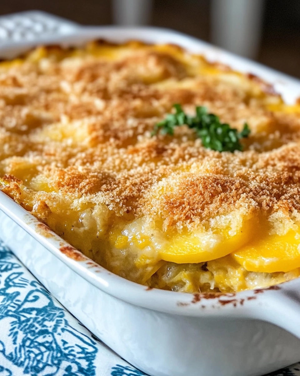 Baked yellow squash casserole in a white dish topped with golden buttery breadcrumbs and garnished with herbs