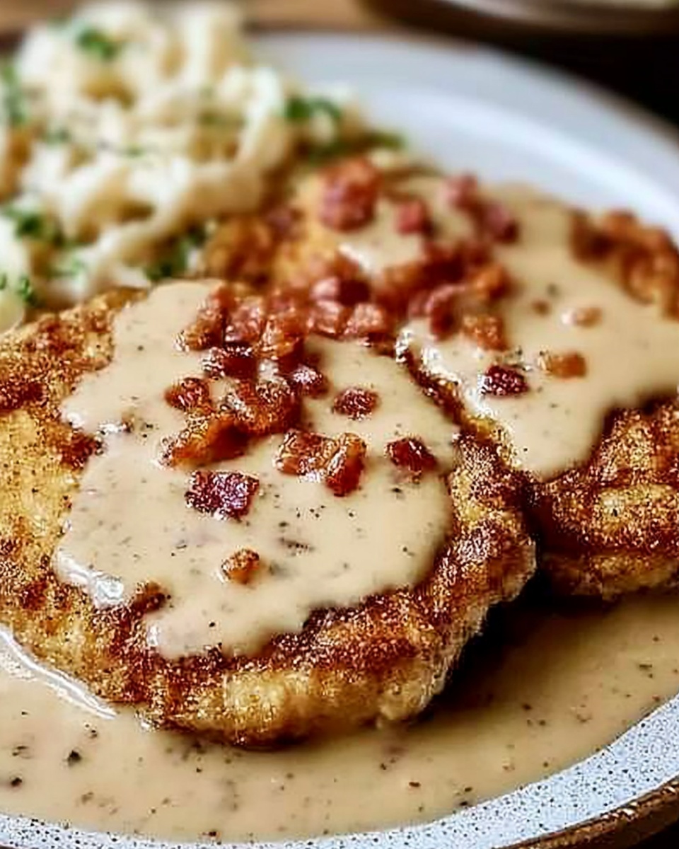Crispy country fried pork chops topped with creamy bacon gravy and served with mashed potatoes