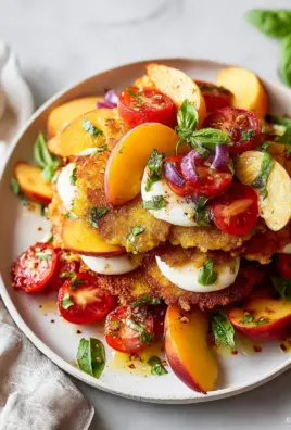 Corn Fritter Caprese with Peaches and Tomatoes
