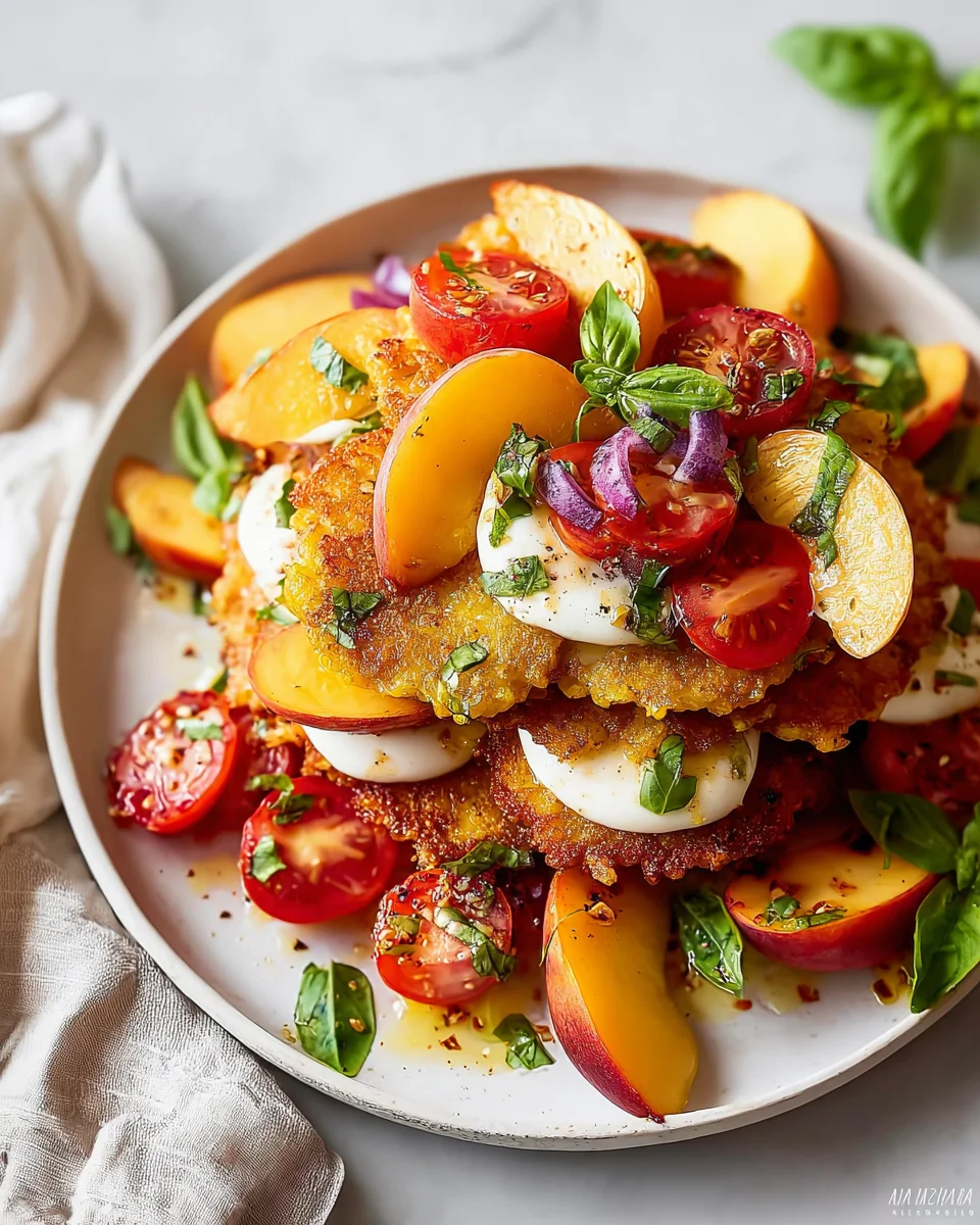 Corn Fritter Caprese with Peaches and Tomatoes