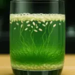 A glass of green liquid with grains of rice suspended and moving, resembling underwater grass and bubbles.