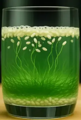 A glass of green liquid with grains of rice suspended and moving, resembling underwater grass and bubbles.