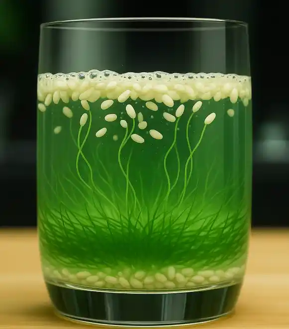 A glass of green liquid with grains of rice suspended and moving, resembling underwater grass and bubbles.