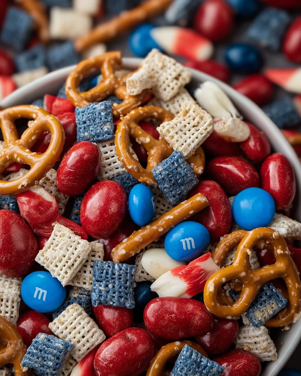Red, white, and blue snack mix