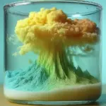 A colorful chemical reaction resembling a mushroom cloud inside a clear glass container, with yellow and orange hues forming the cloud and green and blue forming the base.